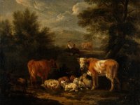 GG 379  GG 379, Jan van der Bent (um 1650-1690), Gebirgslandschaft mit Vieh, Leinwand, 39 x 48 cm : Personen, Tiere